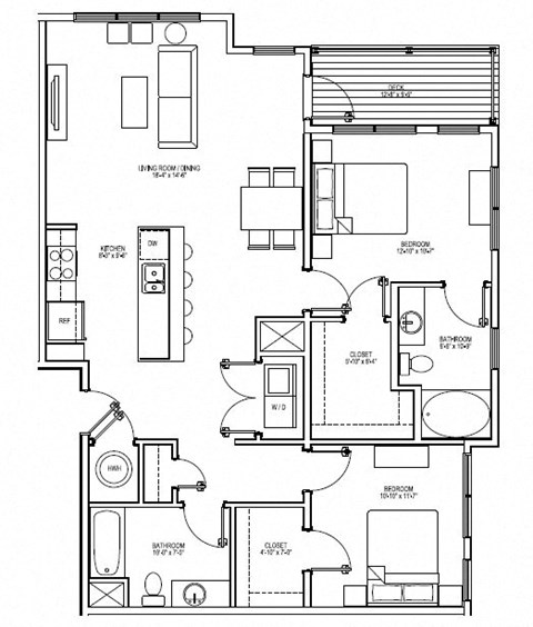 Floor plan for 2 beds, 2 baths, 1223 sqft